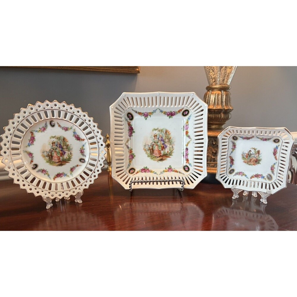 3 Antique Schumann Bavaria Reticulated Porcelain Pierced Trinket Nut Dishes